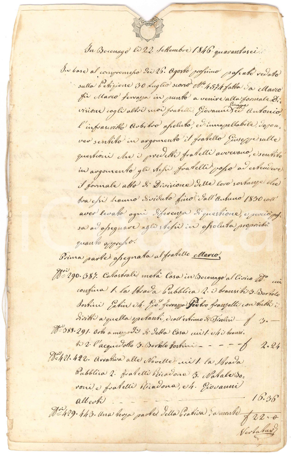 1846 BOCENAGO (TN) Atto di divisione ereditaria fratelli FERRAZZA - Manoscritto Atto di divisione manoscritto.PAGINE: 14 (3 bianche) POOR/danneggiato piegature d'epoca, distacco della prima pagina e mancanza al lato superiore che interessa l'intero fascicolo Formato: 21x34 cm originale e autentica 1