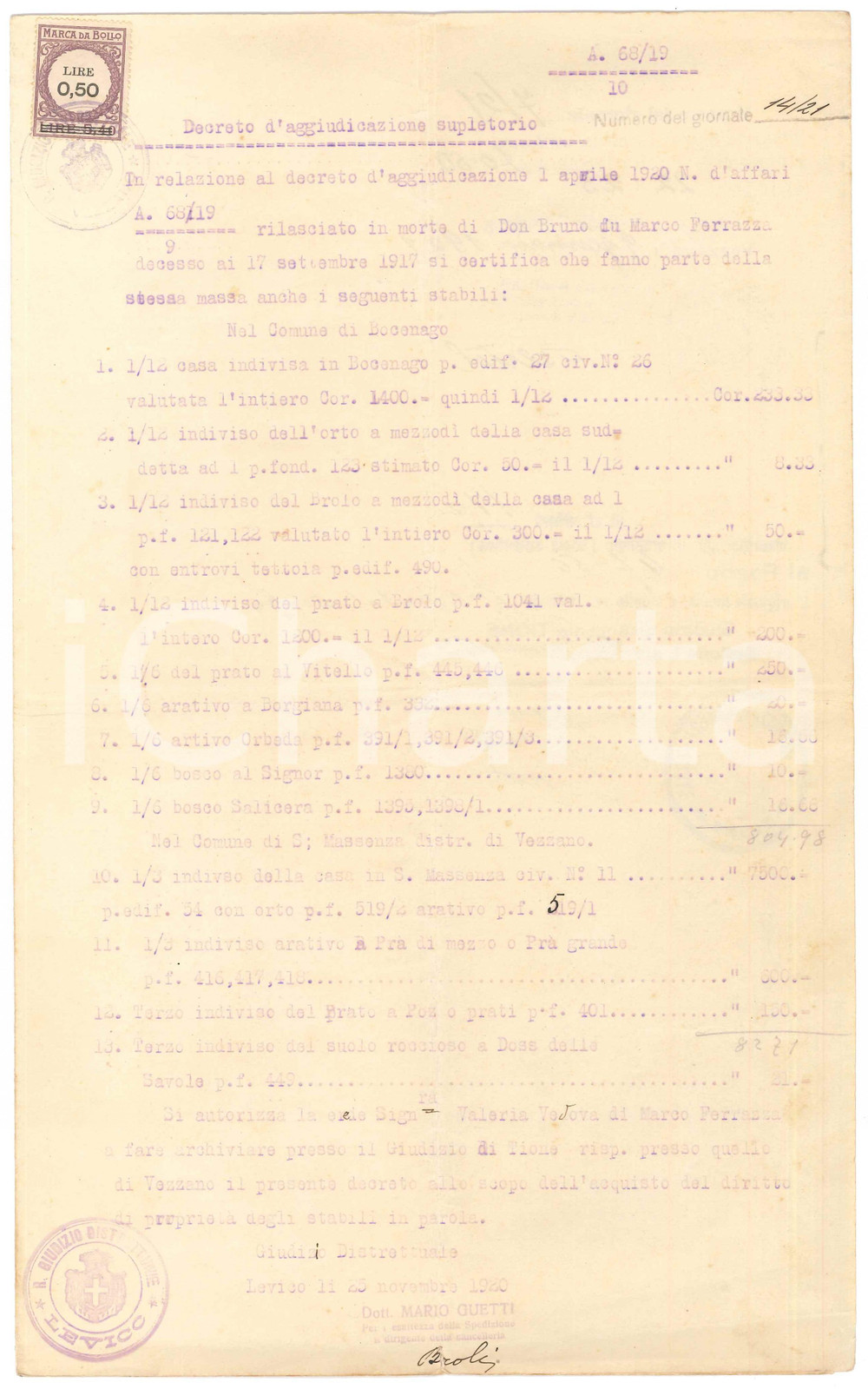 1920 BOCENAGO (TN) Decreto aggiudicazione - Stabili defunto don Bruno FERRAZZA Documento d'epoca, con bollo da Lire 0,50.PAGINE: 4 facciate (2 bianche) FAIR/discreto piegature d'epoca Formato: 21x34 cm originale e autentica 1