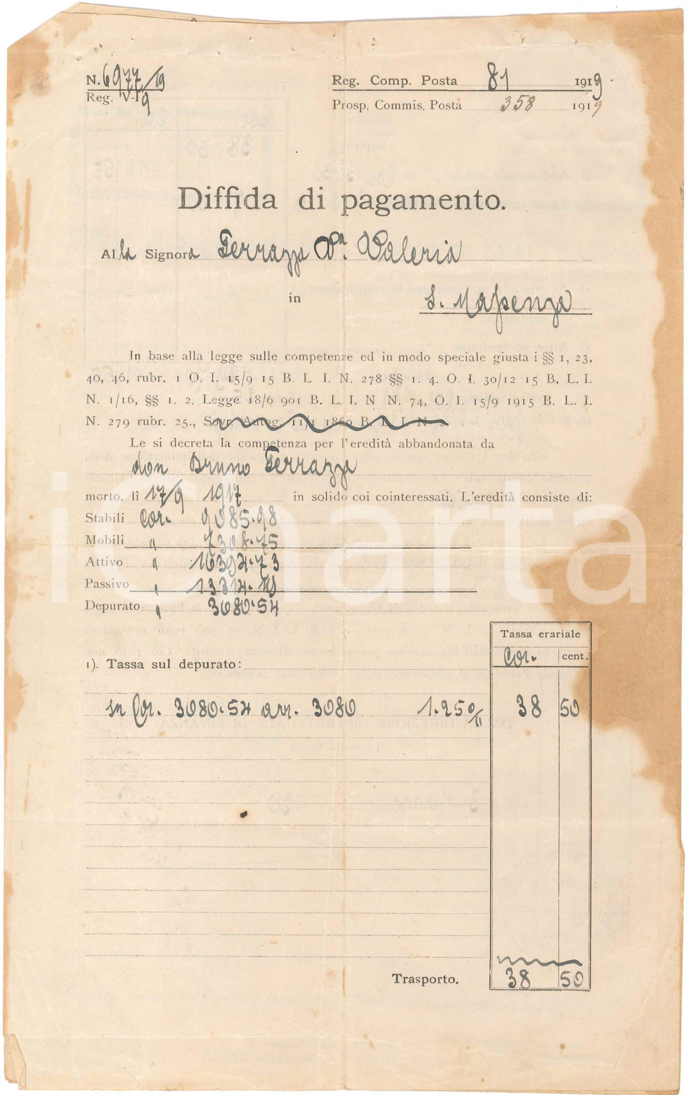 1920 SANTA MASSENZA (TN) Diffida di pagamento - 4 documenti famiglia FERRAZZA Lotto di quattro documenti  della famiglia Ferrazza, tutte diffide di pagamento alla vedova Valeria Ferrazza.PAGINE: 4 POOR/danneggiato piegature d'epoca, gualciture e piccoli strappi marginali, con macchie di umidità Formato: 21x34 cm originale e autentica 1
