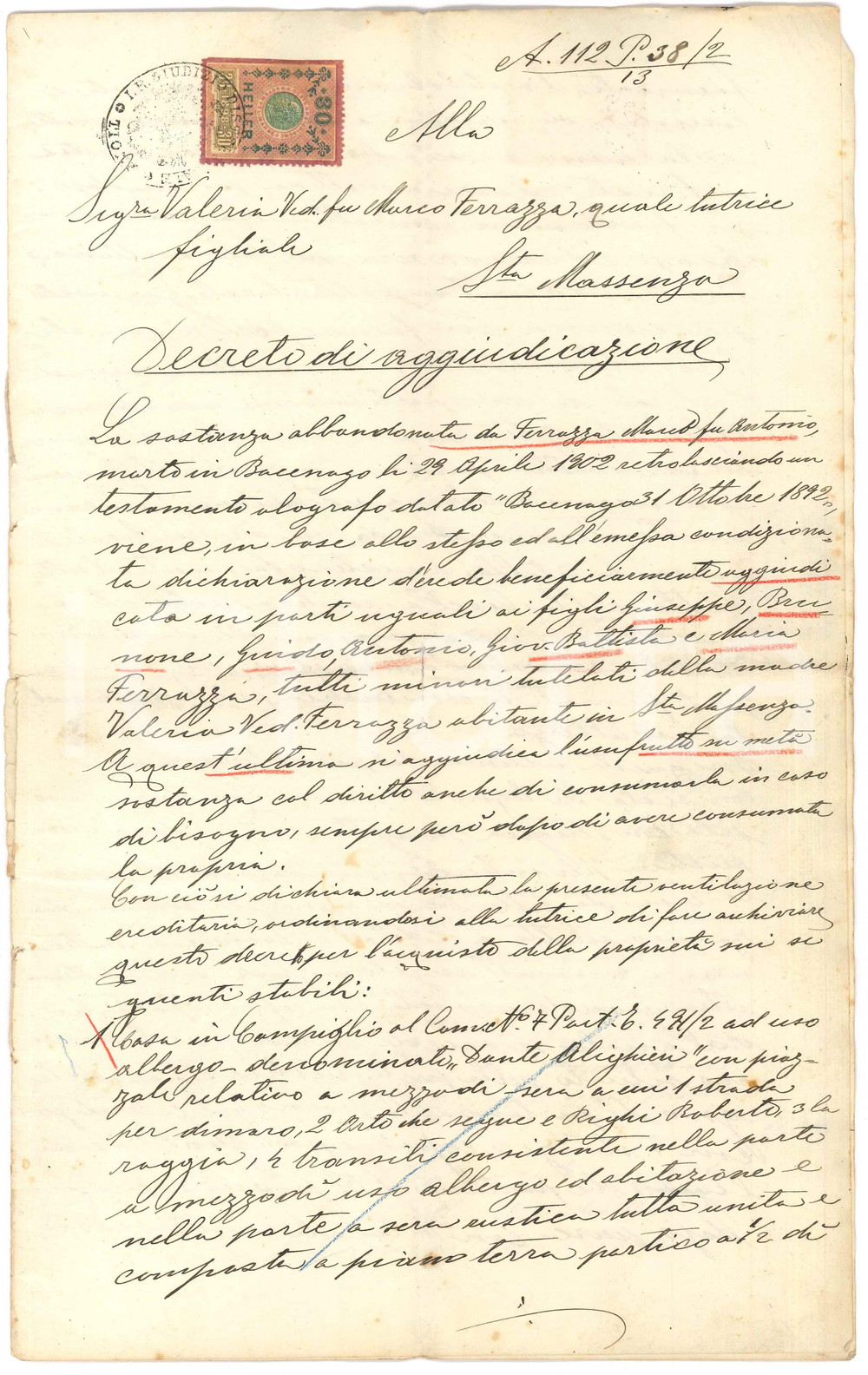1903 BOCENAGO Decreto di aggiudicazione sostanza abbandonata Marco FERRAZZA Documento manoscritto.PAGINE: 8 (1 bianca) FAIR/discreto piegature d'epoca Formato: 21x34 cm originale e autentica 1