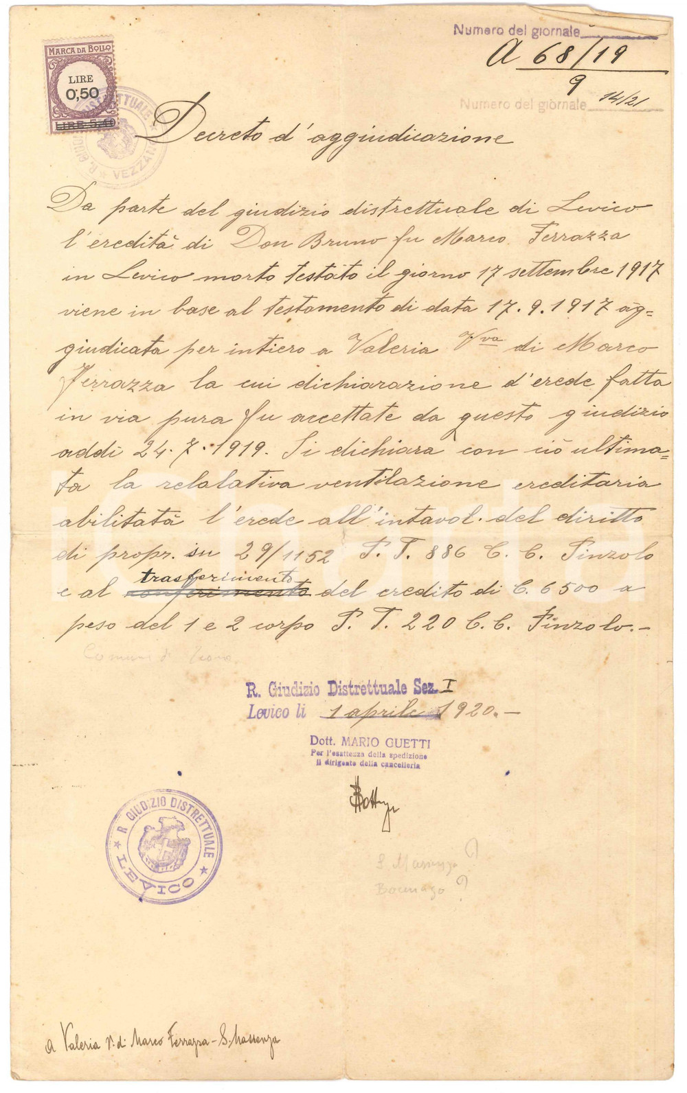1920 LEVICO TERME Decreto aggiudicazione per eredità don Bruno FERRAZZA Documento manoscritto, con marca da bollo e timbro.PAGINE: 4 (1 scritta) FAIR/discreto piegature d'epoca Formato: 21x34 cm originale e autentica 1