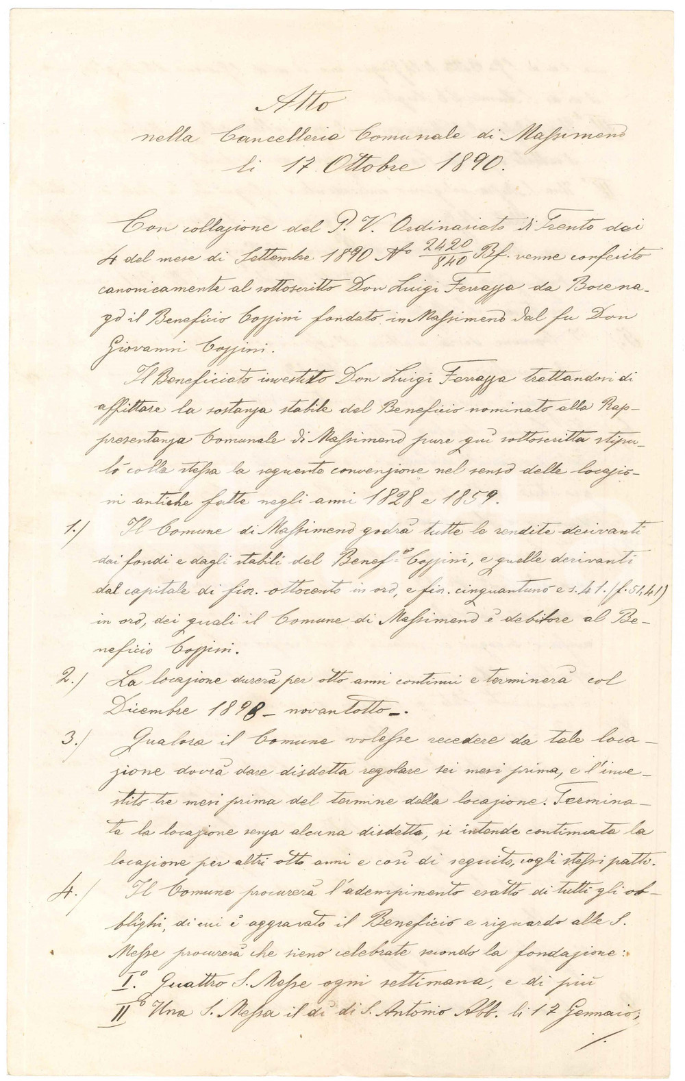 1890 MASSIMENO (TN) Don Luigi FERRAZZA affitta sostanza stabile di un beneficio Documento manoscritto. PAGINE: 3 facciate scritte FAIR/discreto piegature d'epoca Formato: 21x34 cm originale e autentica 1