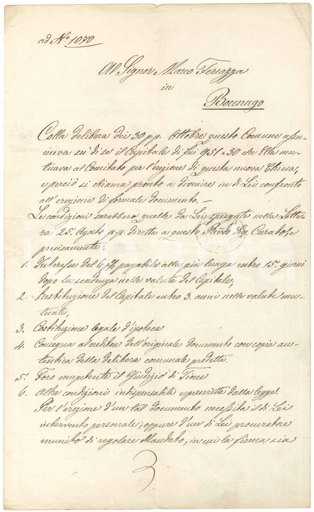 1878 DRO (TN) Condizioni economiche per costruzione nuova chiesa dell'Immacolata Documento manoscritto, relativo alle condizioni economiche fissate per il Comitato per l'erezione della nuova chiesa.PAGINE: 4 (2 bianche) FAIR/discreto piegature d'epoca e gualciture Formato: 21x34 cm originale e autentica 1