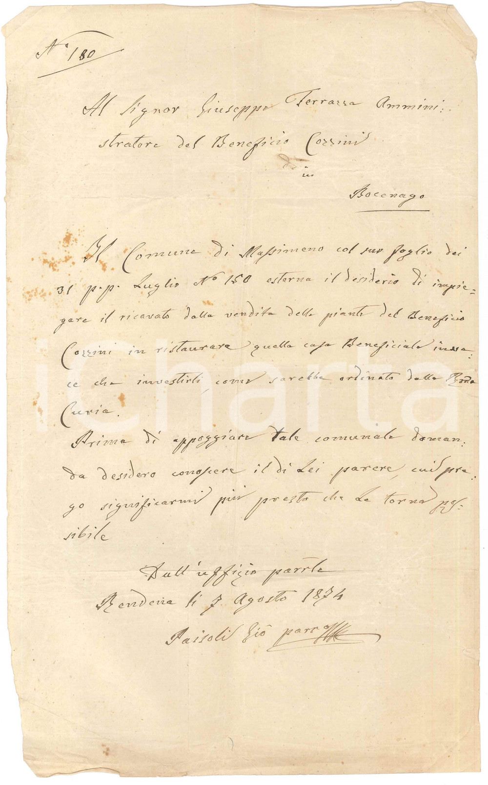 1874 RENDENA Lettera don Giovanni PAISOLI per vendita piante Beneficio COZZINI Lettera autografa del parroco di Rendena, relativa alla possibilit&agrave; di utilizzare il ricavato della vendita delle piante del beneficio per il restauro della casa.PAGINE: 1 POOR/danneggiato piegature d'epoca e gualciture Formato: 21x34 cm originale e autentica 1