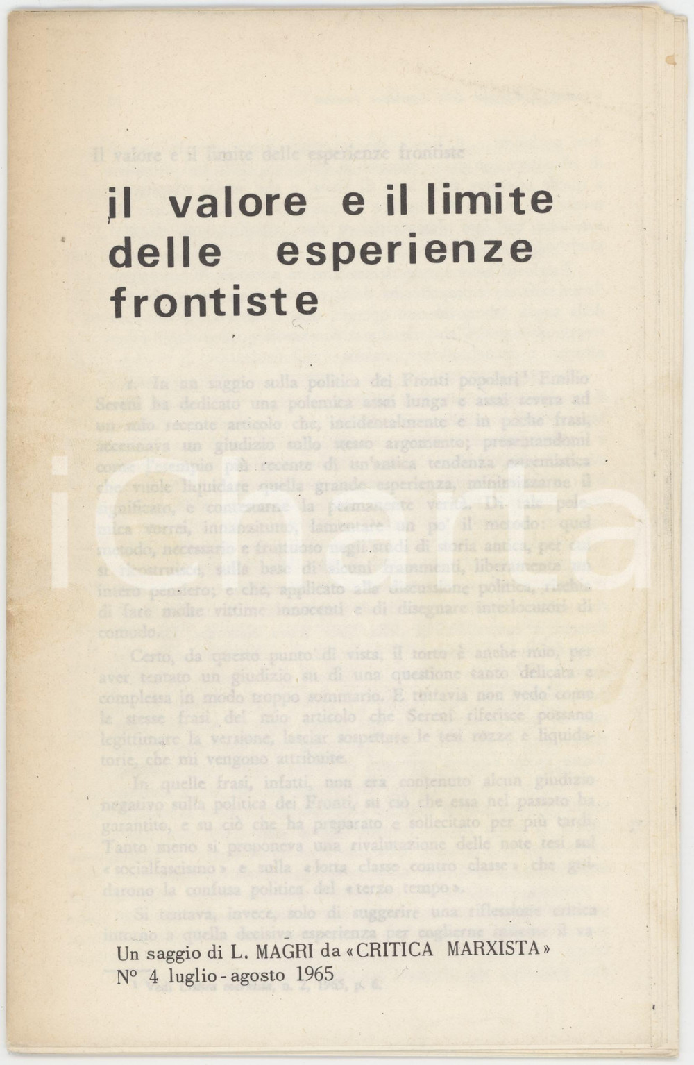 Libro, pubblicazione d epoca 1965 Lucio MAGRI Il valore e il limite delle esperienze frontiste pp. 28 1