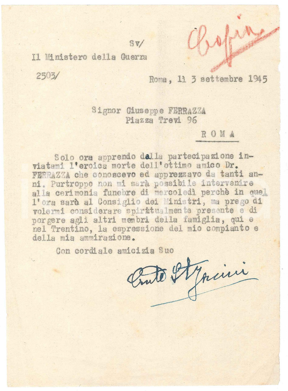 1945 ROMA Lettera ministro Stefano JACINI per condoglianze - AUTOGRAFO Lettera dattiloscritta, con firma autografa.PAGINE: 1 FAIR/discreto piegature d'epoca  originale e autentica 1