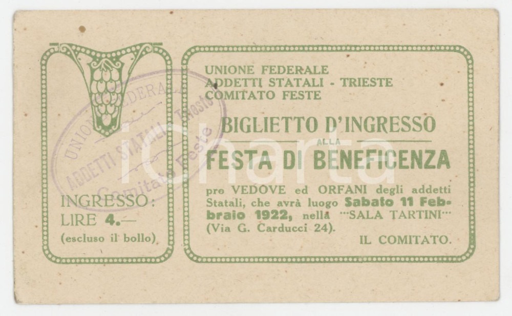 1922 TRIESTE Unione Federale Addetti Statati - Festa di beneficienza - Biglietto Tessera d'epoca.   FAIR/discreto Lievi smussature agli angoli, piegatura all'angolo superiore destro FORMATO: 11x7 cm originale e autentica 1