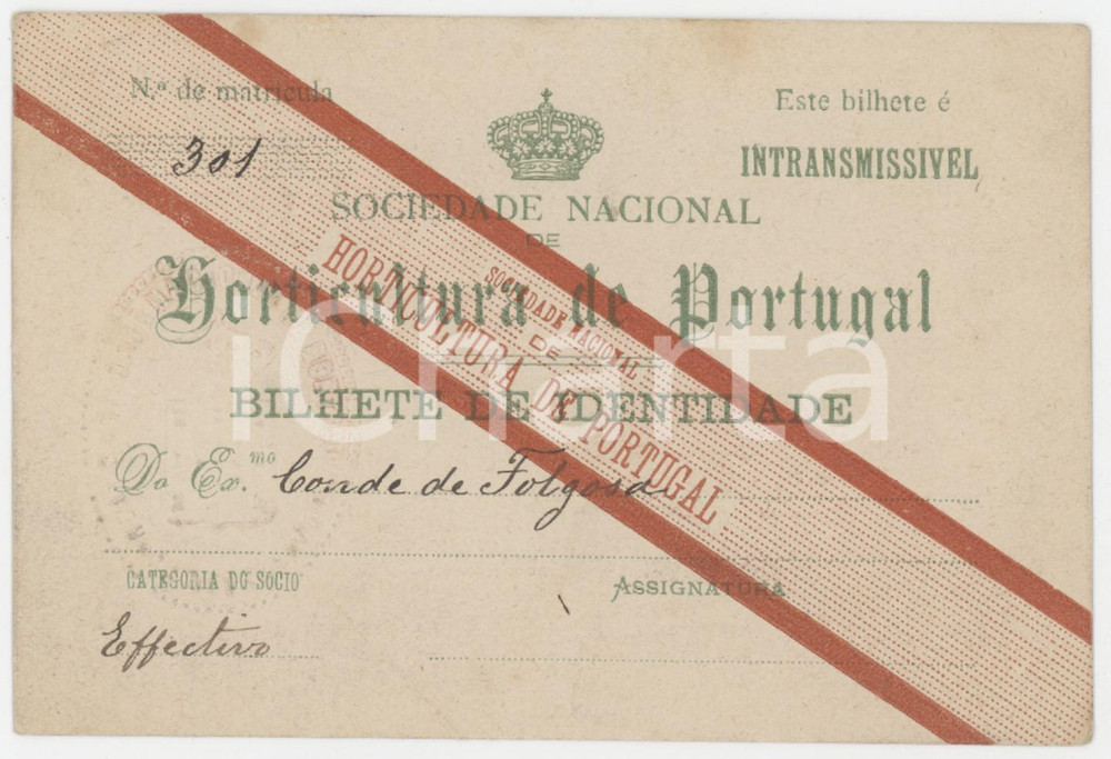 1910 ca PORTUGAL Sociedade Nacional de Horticultura - Bilhete de identidade Tessera d'epoca.   FAIR/discreto Lievi smussature agli angoli, piccole bruniture FORMATO: 12x8  cm originale e autentica 1