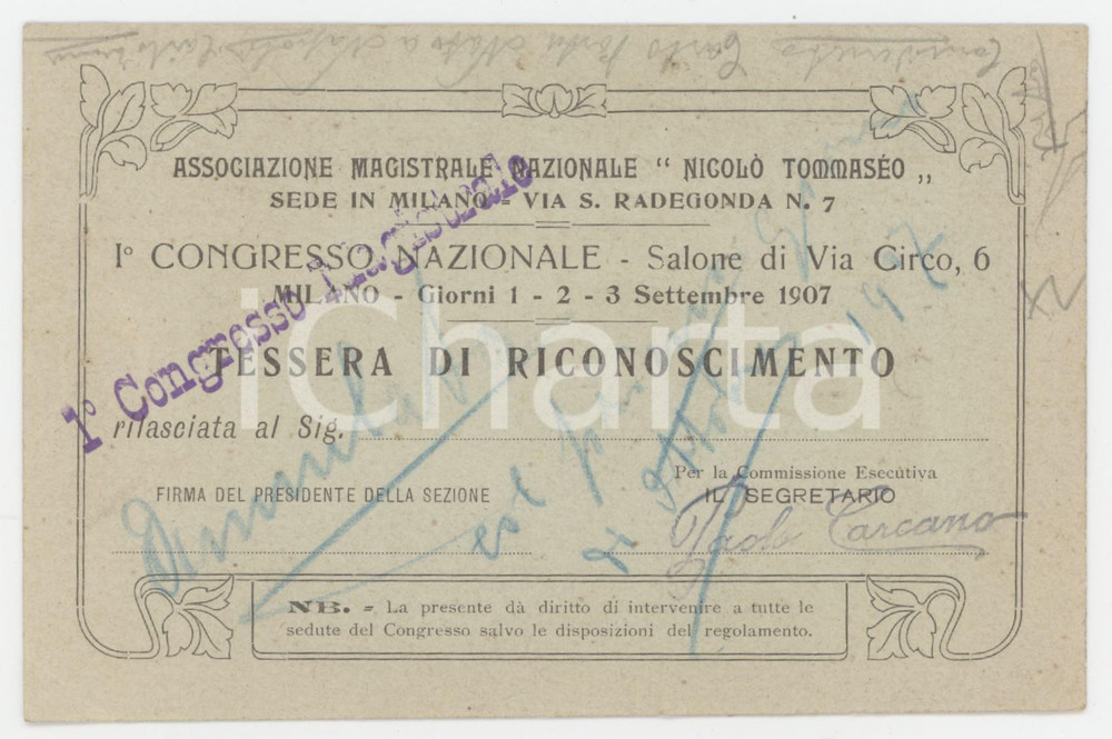 1907 MILANO Associazione "Nicolò Tommaseo" - I° Congresso nazionale - Tessera Tessera d'epoca.  FAIR/discreto Lievi smussature agli angoli Formato: 13x9  cm originale e autentica 1