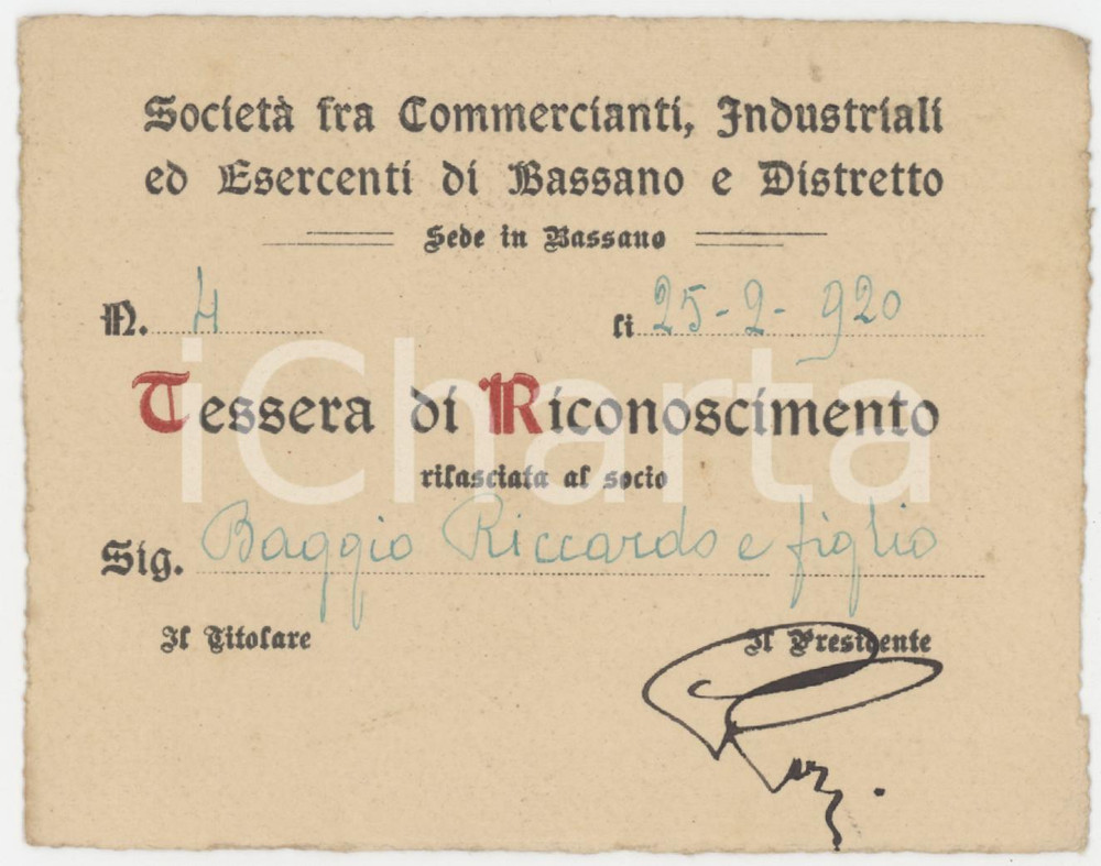 Oggetto da collezione cartaceo 1920 BASSANO DEL GRAPPA Società commercianti, industriali ed esercenti  Tessera 1