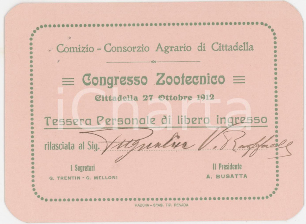 1912 CITTADELLA Congresso zootecnico - Tessera personale 11x8 cm Tessera d'epoca.  FAIR/discreto Forellini da affissione all'angolo superiore sinistro Formato: 11x8 cm originale e autentica 1