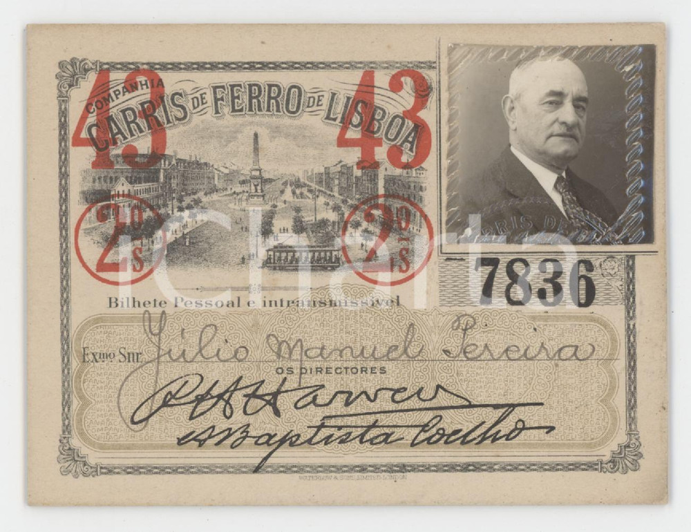 1915 ca LISBOA Companhia Carris de Ferro - Bilhete pessoal 10x7 cm Tessera d'epoca.  FAIR/discreto Lievi smussature agli angoli Formato: 10x7 cm originale e autentica 1