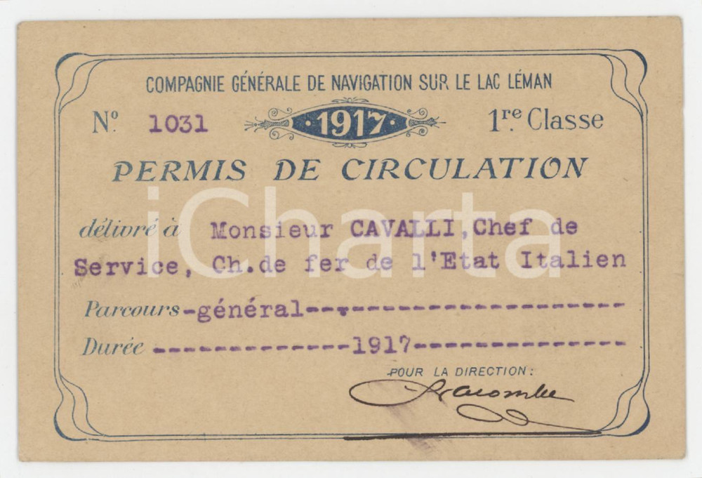 1917 SWISS Compagnie de navigation sur LAC LEMAN Permis de circulation 11x7 cm Tessera d'epoca.  FAIR/discreto Lievi smussature agli angoli Formato: 11x7 cm originale e autentica 1