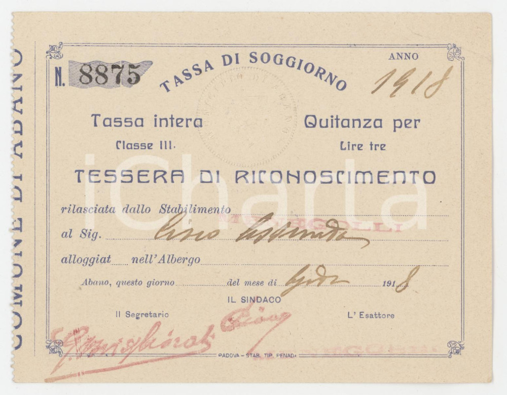 1918 ABANO TERME Tessera di riconoscimento per tassa di soggiorno - 12x9 cm Tessera d'epoca.  POOR/danneggiato Piegatura all'angolo superiore destro Formato: 12x9 cm originale e autentica 1