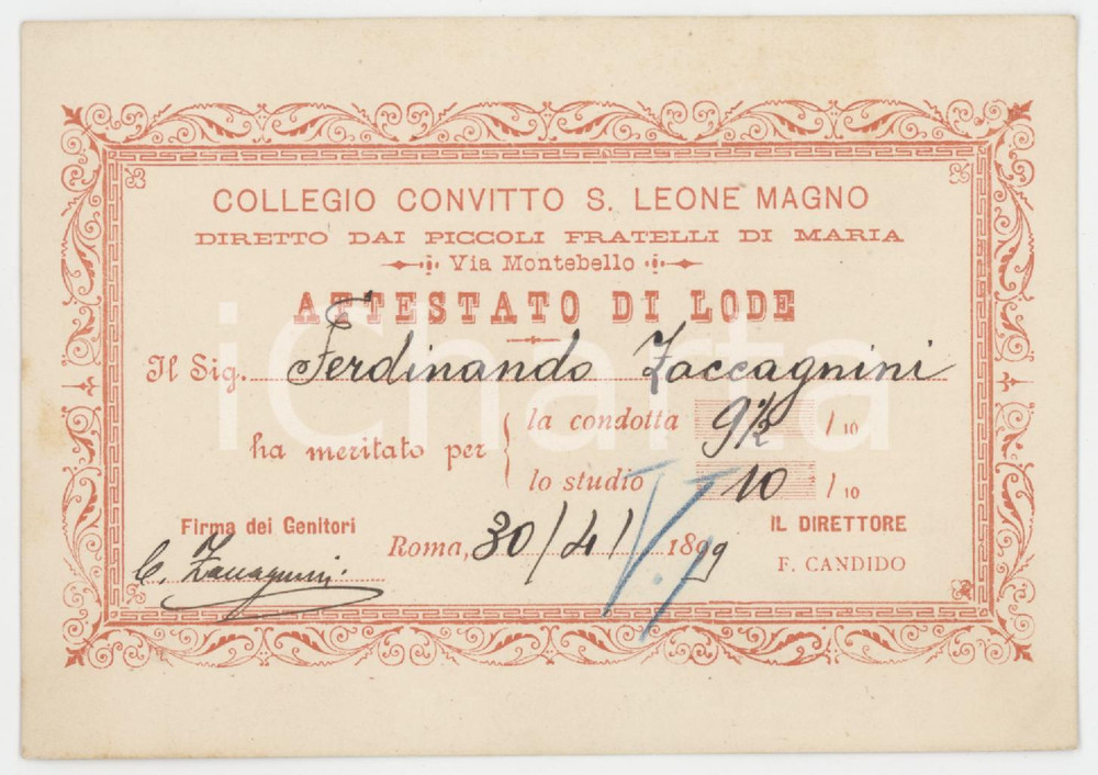 1899 ROMA Collegio Convitto San Leone Magno - Attestato di lode 11x8 cm Biglietto d'epoca.  FAIR/discreto Lievi bruniture Formato: 11x8 cm originale e autentica 1