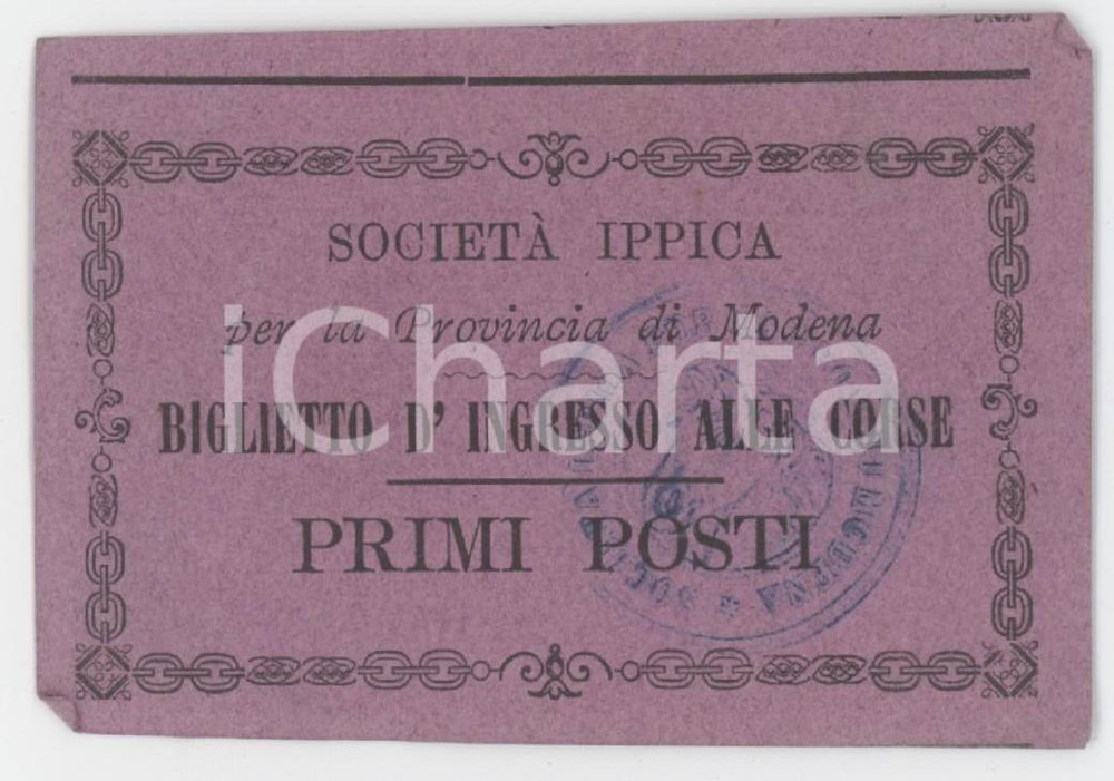 1840 ca MODENA Società Ippica - Biglietto d'ingresso alle corse - Primi posti Biglietto d'epoca.  FAIR/discreto Lievi piegature agli angoli Formato: 8x5 cm originale e autentica 1