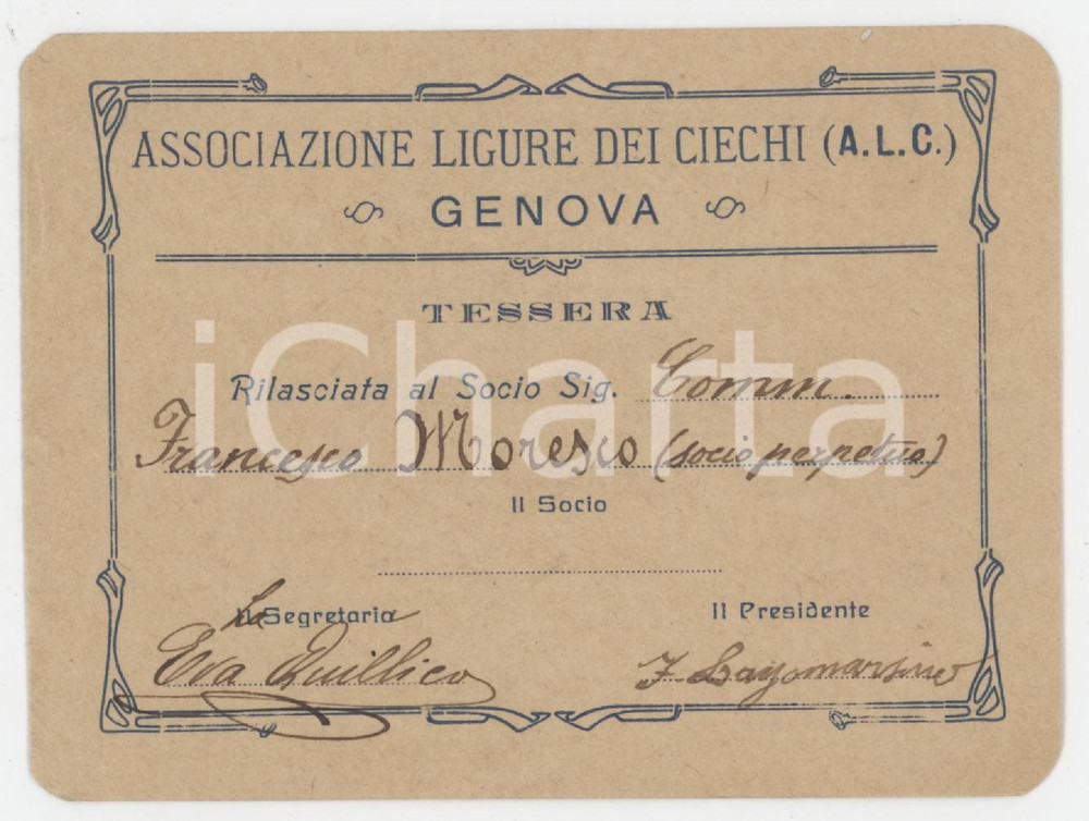 Oggetto da collezione cartaceo 1900 ca GENOVA  ALC Associazione Ligure dei Ciechi  Tessera socio perpetuo 1