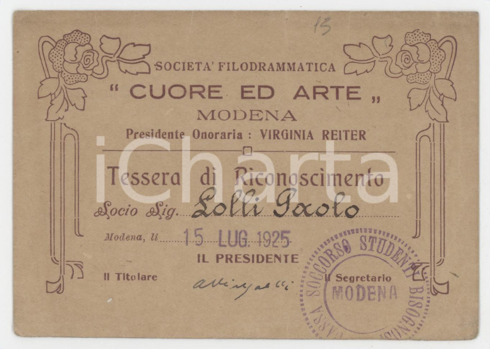 1925 MODENA Società filodrammatica "Cuore ed arte" - Tessera di riconoscimento Tessera d'epoca.  FAIR/discreto Lievi piegature agli angoli Formato: 11x7 cm originale e autentica 1