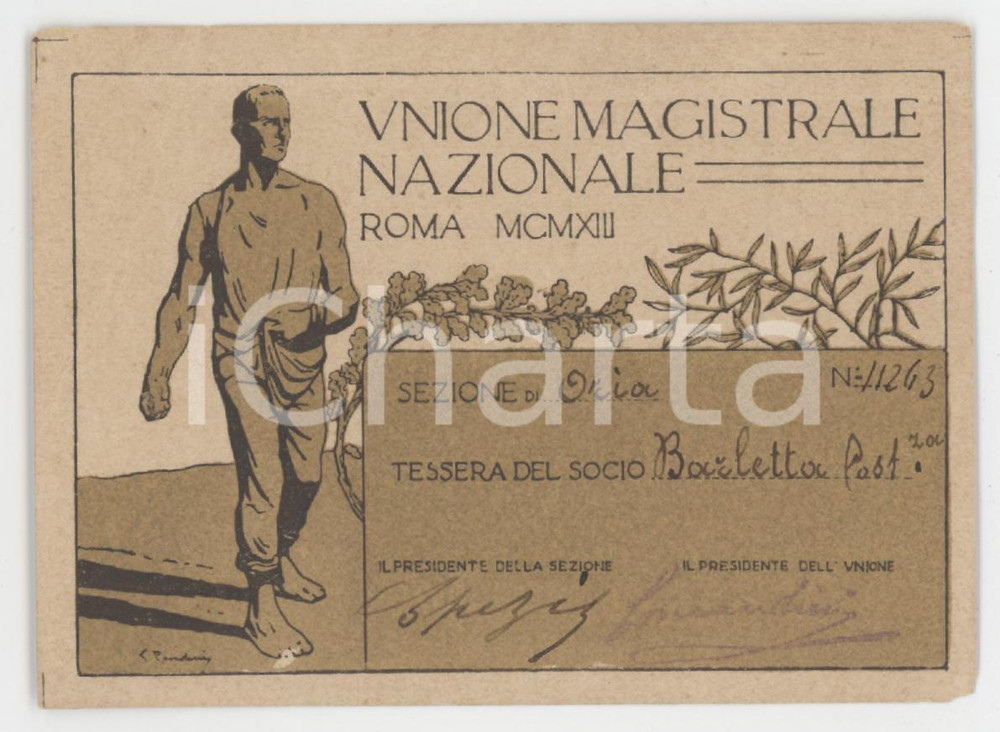 1913 ORIA Unione Magistrale Nazionale - Tessera ILLUSTRATA 9x7 cm Tessera d'epoca.  FAIR/discreto Lievi smussature agli angoli Formato: 9x7 cm originale e autentica 1