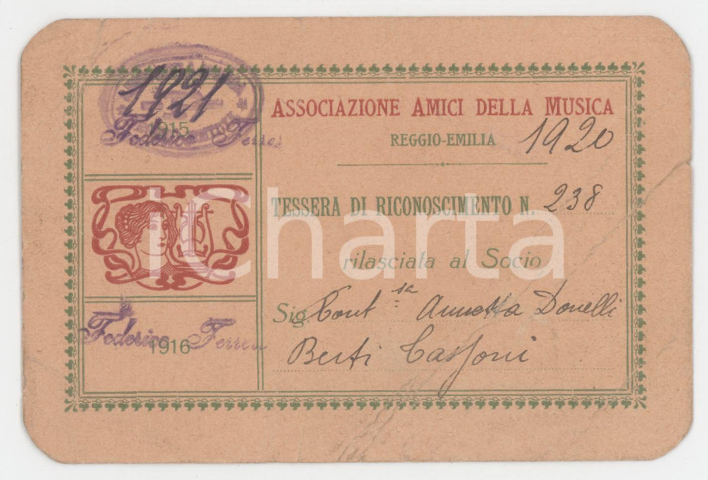 1920 REGGIO EMILIA Associazione amici della musica - Tessera n. 238 Tessera d'epoca.  POOR/danneggiato Piegature diffuse Formato: 11x7 cm originale e autentica 1