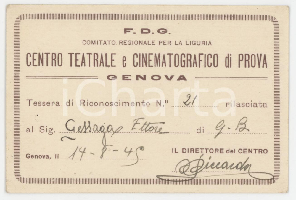1945 GENOVA - FDG Centro teatrale e cinematografico di prova - Tessera 10x7 cm Tessera d'epoca.  FAIR/discreto Lievi smussature agli angoli Formato: 10x7 cm originale e autentica 1