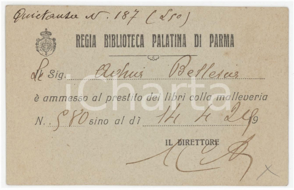1924 PARMA Regia Biblioteca Palatina - Tessera per prestito libri 11x7 cm Tessera d'epoca.  FAIR/discreto Lievi bruniture Formato: 11x7 cm originale e autentica 1