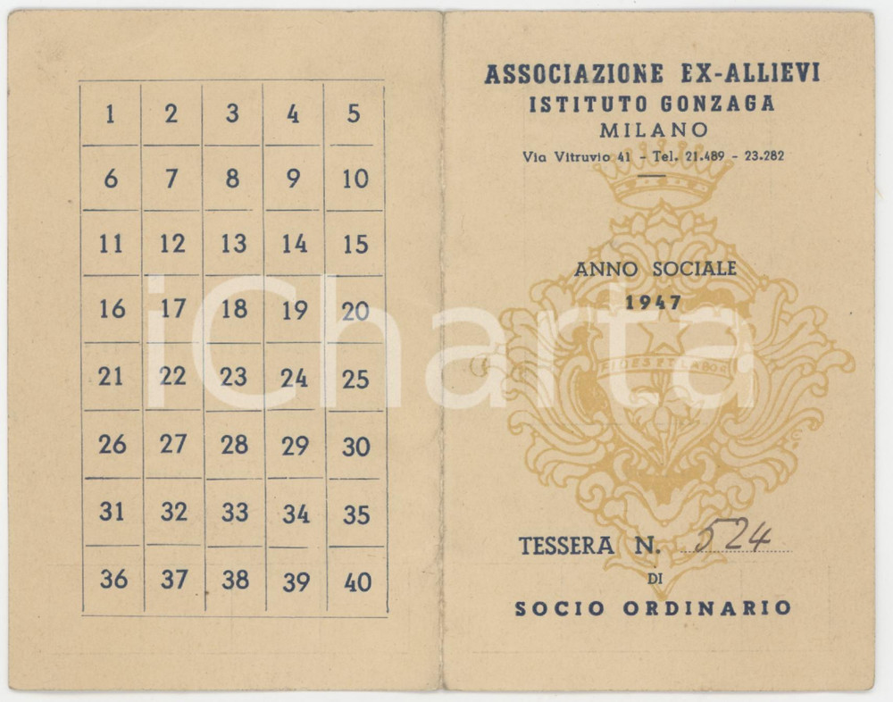 1947 MILANO - ISTITUTO GONZAGA Associazione ex allievi - Tessera 7x11 cm Tessera d'epoca.  FAIR/discreto Lievi piegature agli angoli Formato: 7x11 cm originale e autentica 1