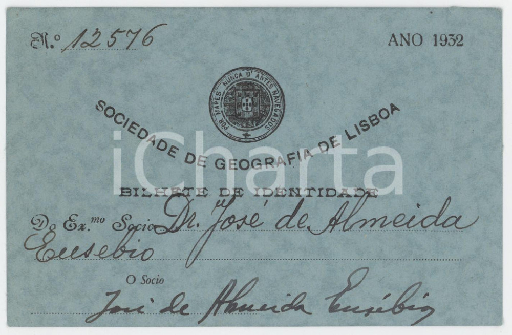1932 LISBOA - PORTUGAL Sociedade de geografia - Bilhete de identidade 11x7 cm Tessera d'epoca.  FAIR/discreto Lievi piegature agli angoli Formato: 11x7 cm originale e autentica 1