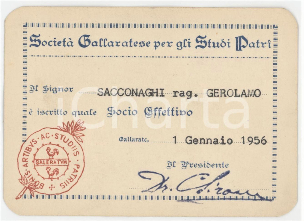 1956 GALLARATE Società gallaratese per gli studi patri - Tessera socio affettivo Tessera d'epoca.  GOOD/buono  Formato: 11x8 cm originale e autentica 1