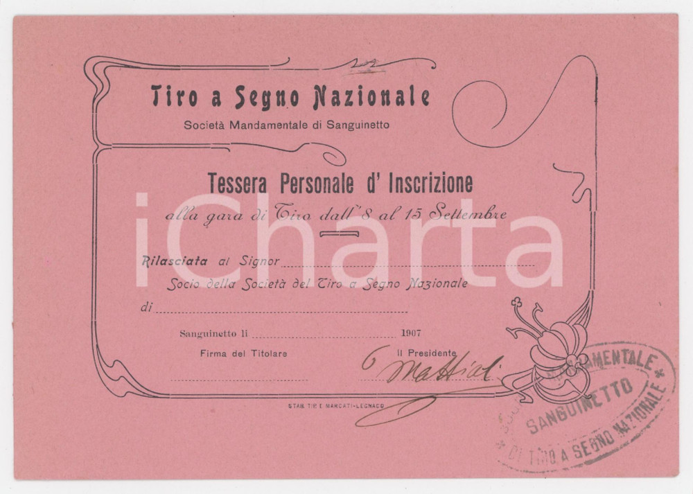 1907 SANGUINETTO Tiro a segno nazionale - Tessera società mandamentale 15x10 cm Tessera d'epoca.  FAIR/discreto Lievi smussature agli angoli, piccoli tagli al margine superiore Formato: 15x10 cm originale e autentica 1