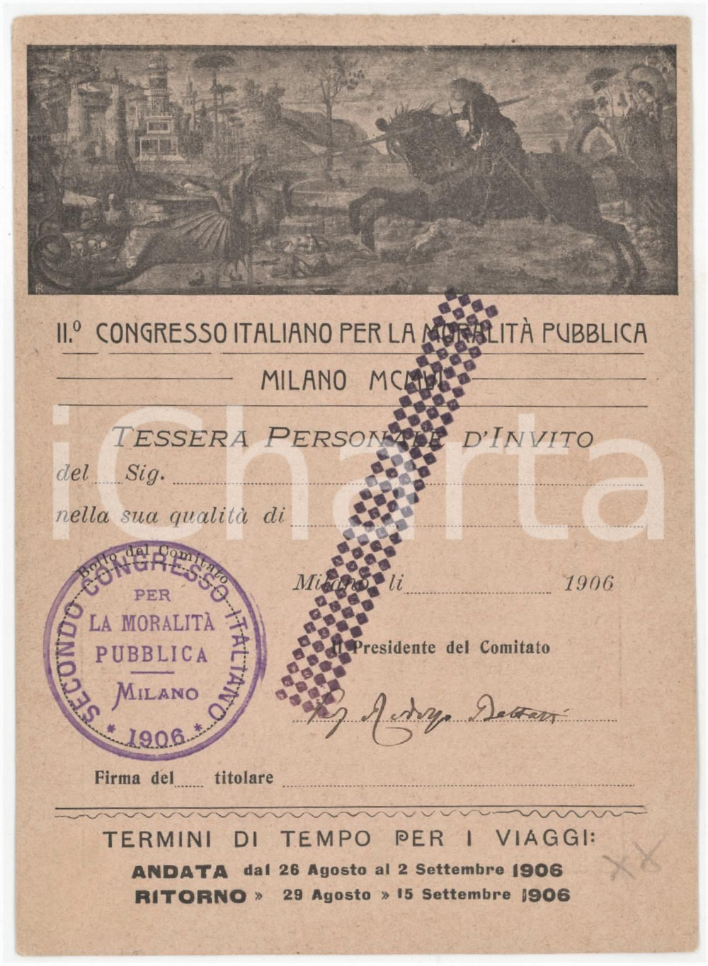 1906 MILANO - II Congresso moralità pubblica - Tessera d'invito 10x14 cm Tessera d'epoca.  POOR/danneggiato Piegature agli angoli Formato: 10x14  cm originale e autentica 1