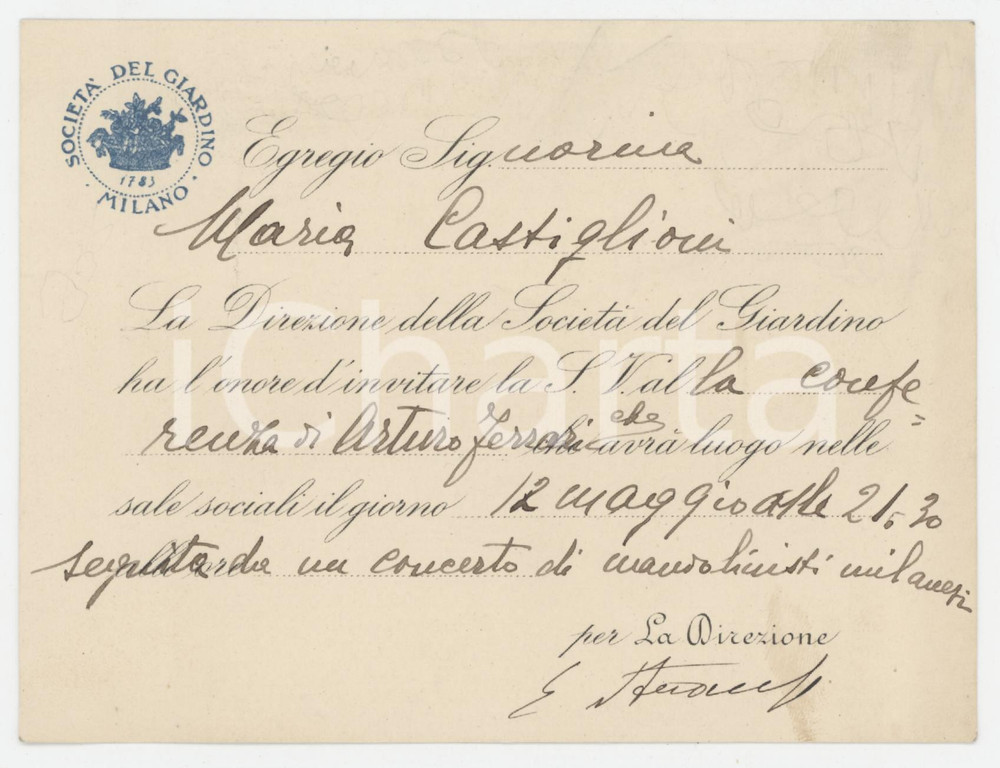 1905 ca MILANO Società del giardino - Conferenza di Arturo FERRARI Invito 13x10 Tessera d'epoca.  FAIR/discreto Lievi smussature Formato: 13x10  cm originale e autentica 1
