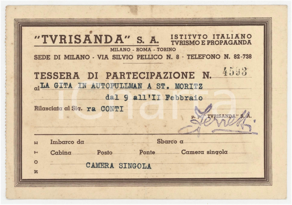 1930 ca MILANO - TURISANDA Tessera per gita a ST. MORITZ - 15x10 cm Tessera d'epoca.  VERY POOR/gravemente danneggiato Piegature verticali al centro, bruniture diffuse, macchie Formato: 15x10  cm originale e autentica 1