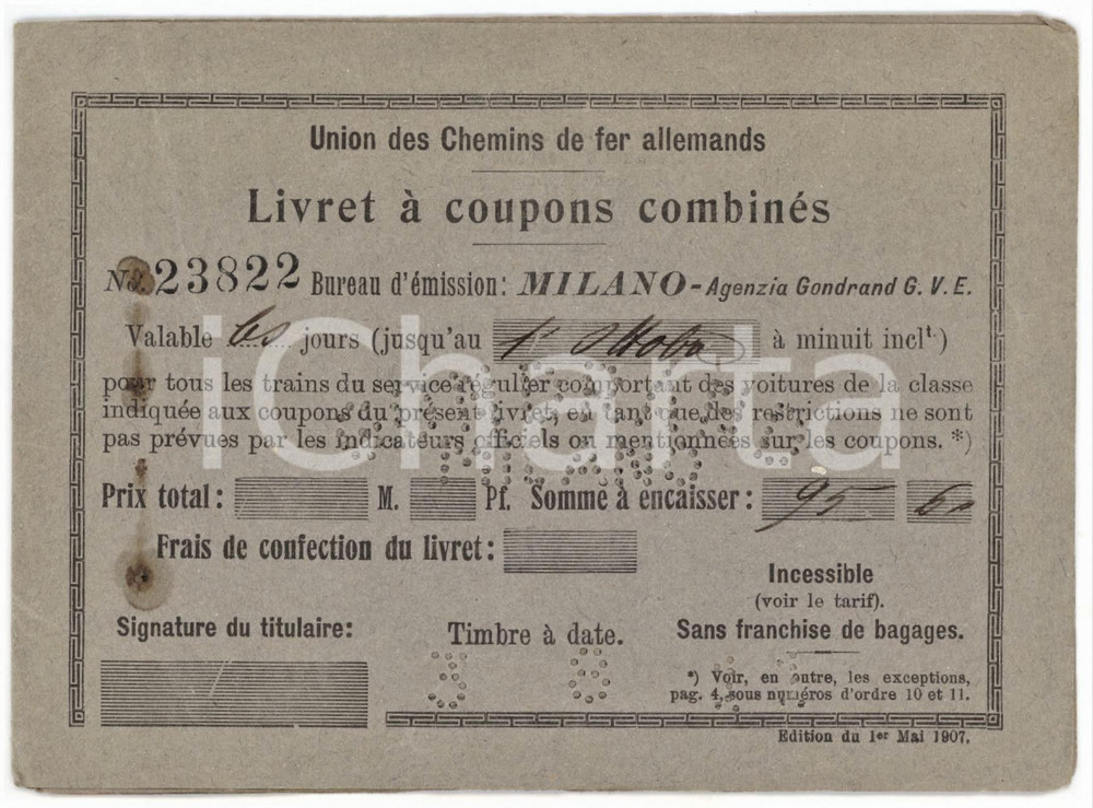 1938 MILANO Unione Ferrovie Germaniche - Biglietto a tagliandi combinati 14x10 Tessera d'epoca.  POOR/danneggiato Lievi piegature, macchie al margine sinistro Formato: 14x10  cm originale e autentica 1