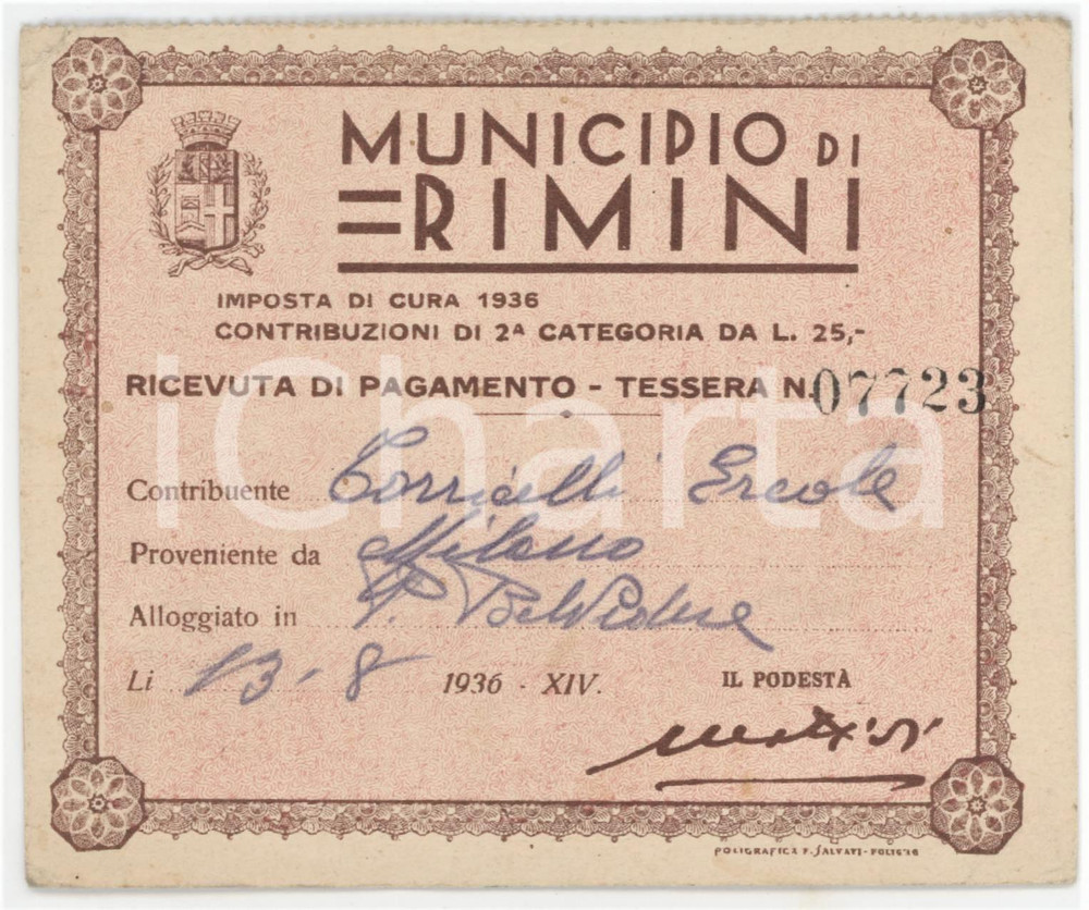 1936 RIMINI Tessera per imposta di cura - 12x10 cm Tessera d'epoca.  POOR/danneggiato Piegature agli angoli Formato: 12x10  cm originale e autentica 1