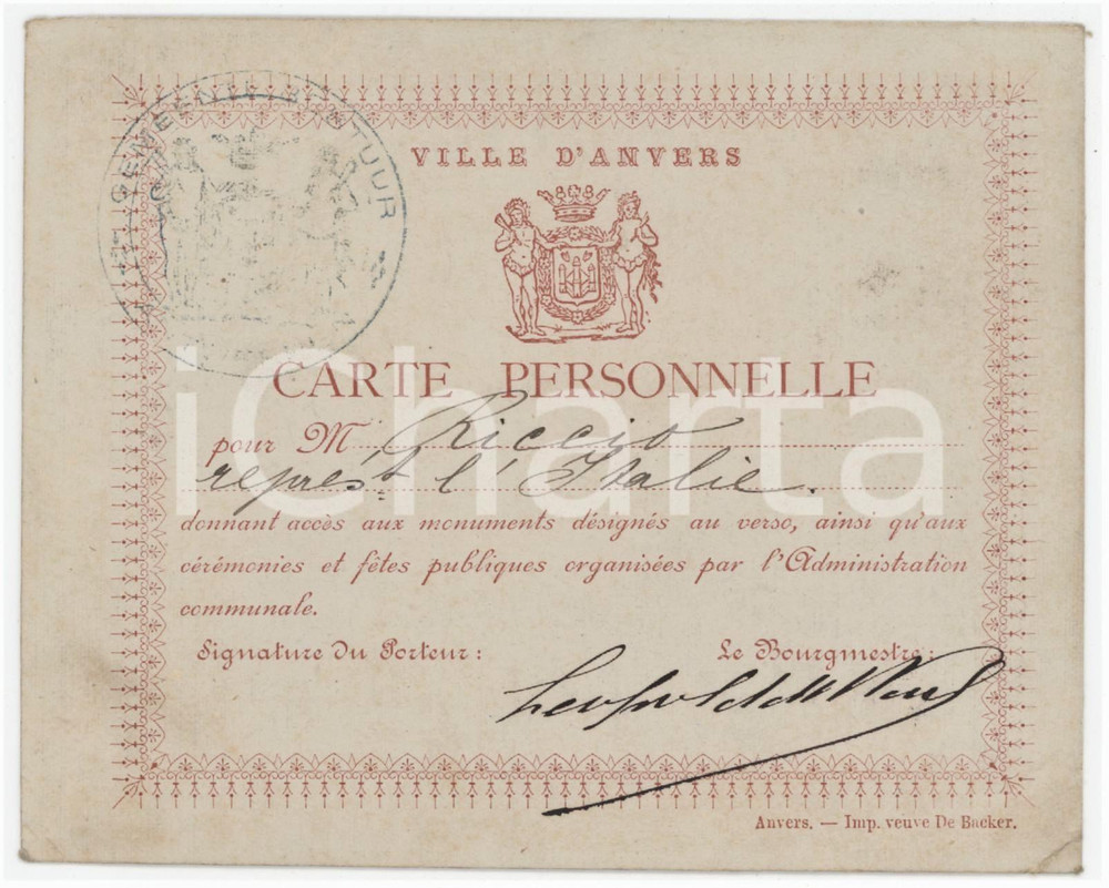 1900 ca VILLE D'ANVERS Carte personnelle pour l'accès aux monuments 13x10 cm Tessera d'epoca.  FAIR/discreto Bruniture diffuse, smussature agli angoli Formato: 13x10 cm originale e autentica 1
