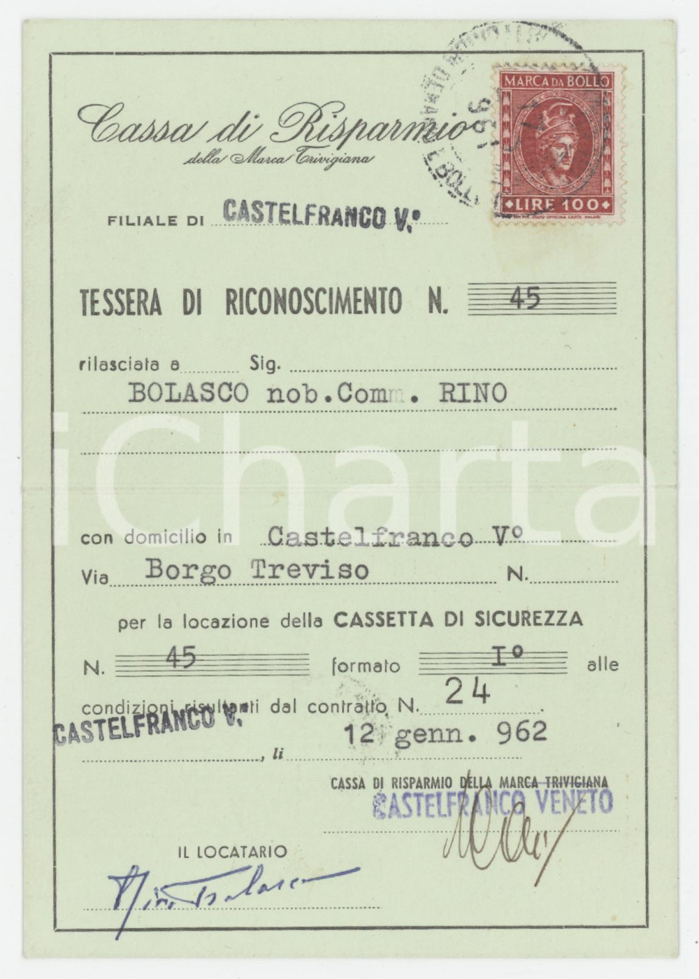 1962 CASTELFRANCO VENETO Cassa di risparmio della MARCA TRIVIGIANA Tessera 7x10 Tessera d'epoca.  GOOD/buono  Formato: 7x10 cm originale e autentica 1