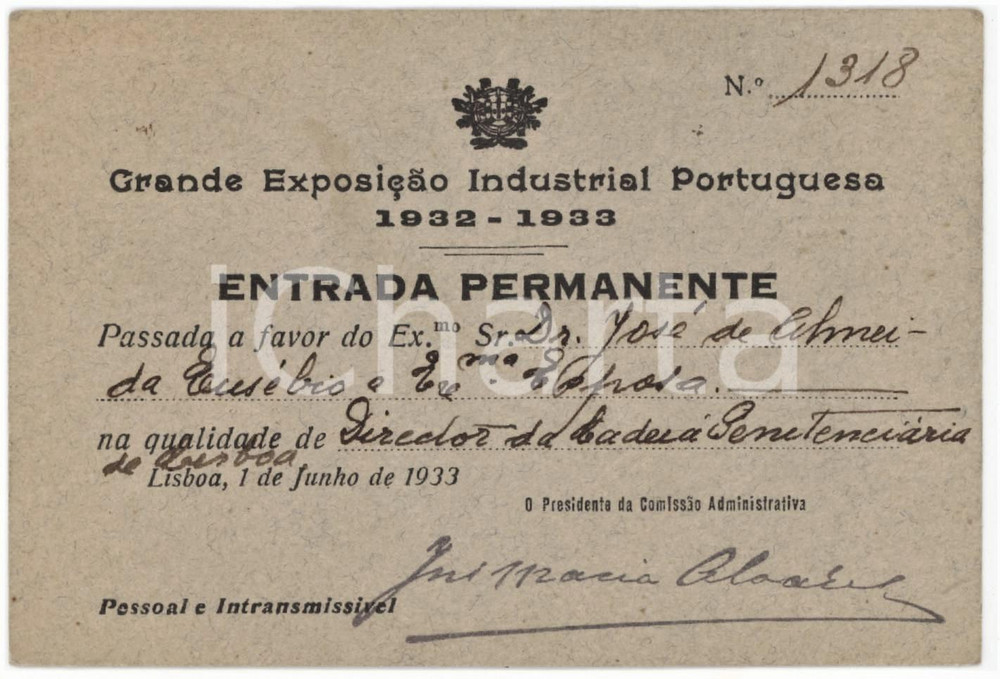1933 LISBOA Grande Exposicao Industrial Portuguesa - Entrada permanente 11x8 cm Tessera d'epoca.  FAIR/discreto Lievi smussature agli angoli, bruniture Formato: 11x8 cm originale e autentica 1