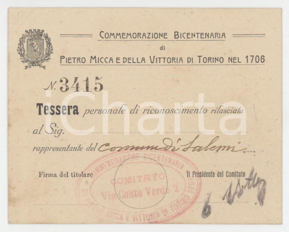 1906 TORINO Bicentenario Pietro Micca - Tessera rappresentante Comune di SALEMI Tessera d'epoca.  FAIR/discreto Lievi bruniture diffuse Formato: 11x9 cm originale e autentica 1