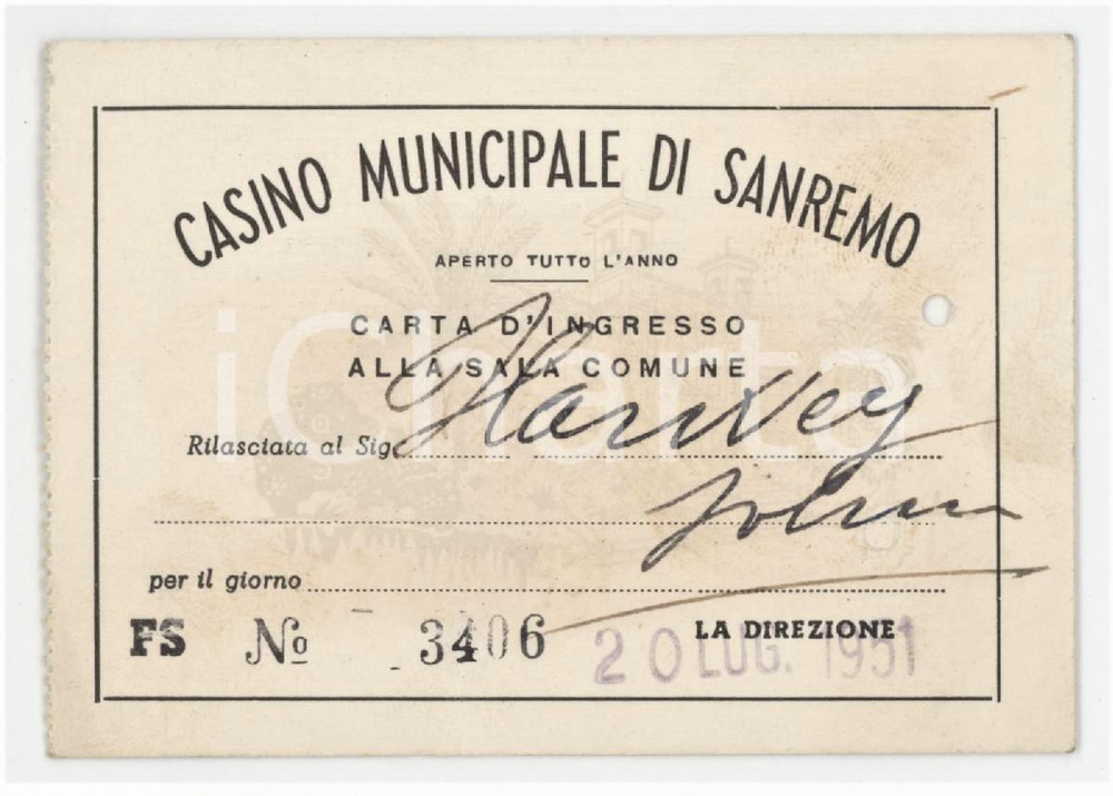 1951 SANREMO Casinò Municipale - Carta d'ingresso alla sala comune 9x6 cm Tessera d'epoca. FAIR/discreto Foro e lievi bruniture Formato: 9x6 cm originale e autentica 1