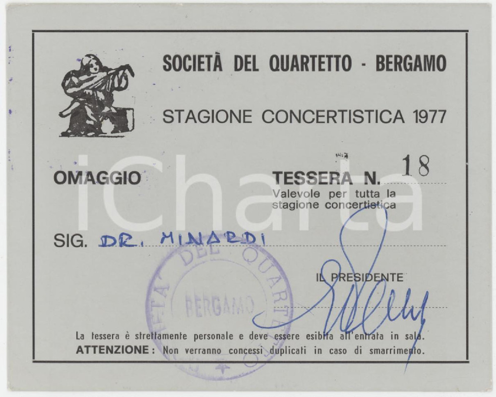 1977 BERGAMO Società del quartetto - Tessera stagione concertistica 10x8 cm Tessera d'epoca.  FAIR/discreto Lievi smussature agli angoli Formato: 11x6 cm originale e autentica 1