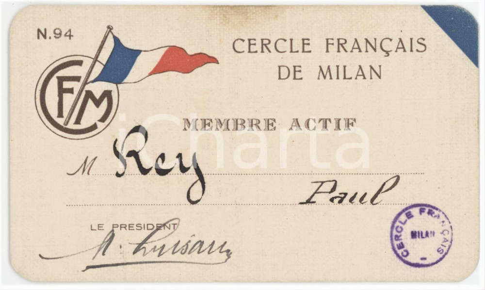 1900 ca MILANO Cercle français de Milan - Tessera membre actif 11x6 cm Tessera d'epoca.  FAIR/discreto Lievi bruniture Formato: 11x6 cm originale e autentica 1