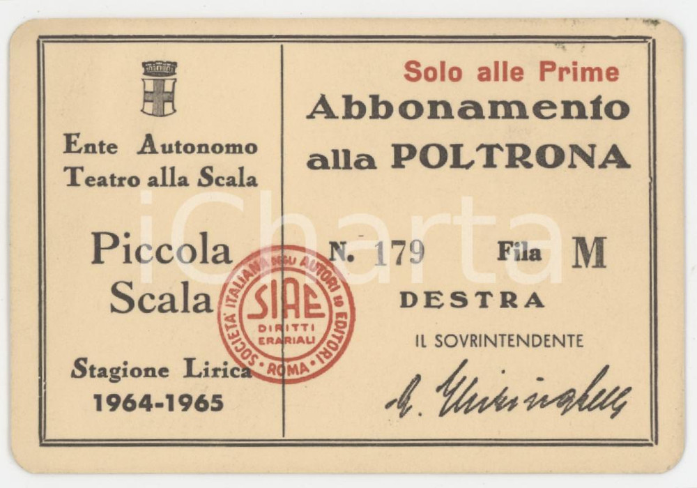 1964 MILANO Teatro alla Scala PICCOLA SCALA Tessera abbonamento 9x6 cm Tessera d'epoca.  GOOD/buono  Formato: 9x6 cm originale e autentica 1