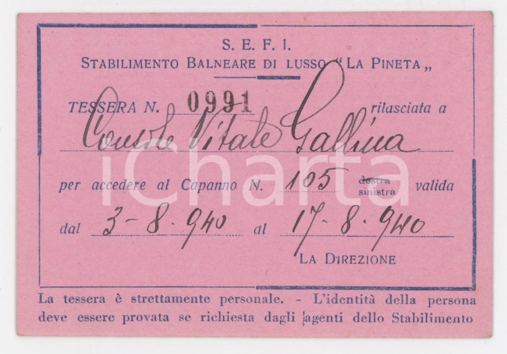 1940 S.E.F.I. Stabilimento balneare di lusso "La Pineta" - Tessera 9x6 cm Tessera d'epoca.  FAIR/discreto Lievi smussature agli angoli Formato: 9x6 cm originale e autentica 1