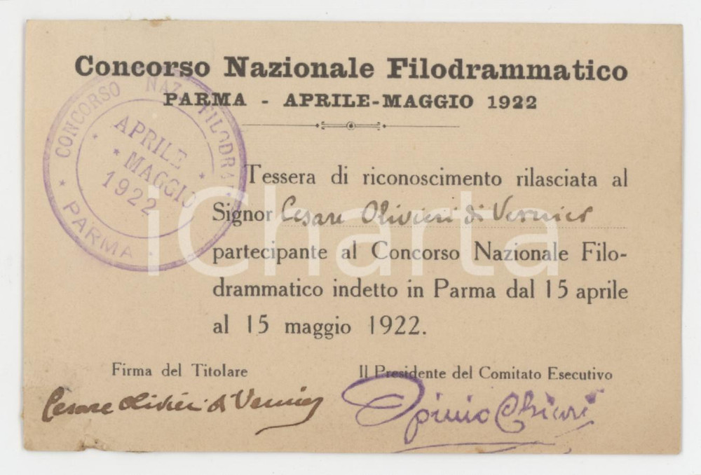 1922 PARMA Concorso Nazionale Filodrammatico - Tessera di riconoscimento 10x7 cm Tessera d'epoca.  POOR/danneggiato Lievi smussature agli angoli, piccolo strappo al margine inferiore, residui di incollatura al verso Formato: 10x7 cm originale e autentica 1