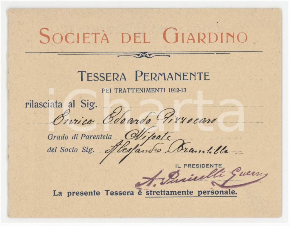 1912 MILANO Società del Giardino - Tessera e programma divertimenti 11x8 cm Tessera d'epoca.  FAIR/discreto Lievi smussature agli angoli Formato: 11x8 cm originale e autentica 1