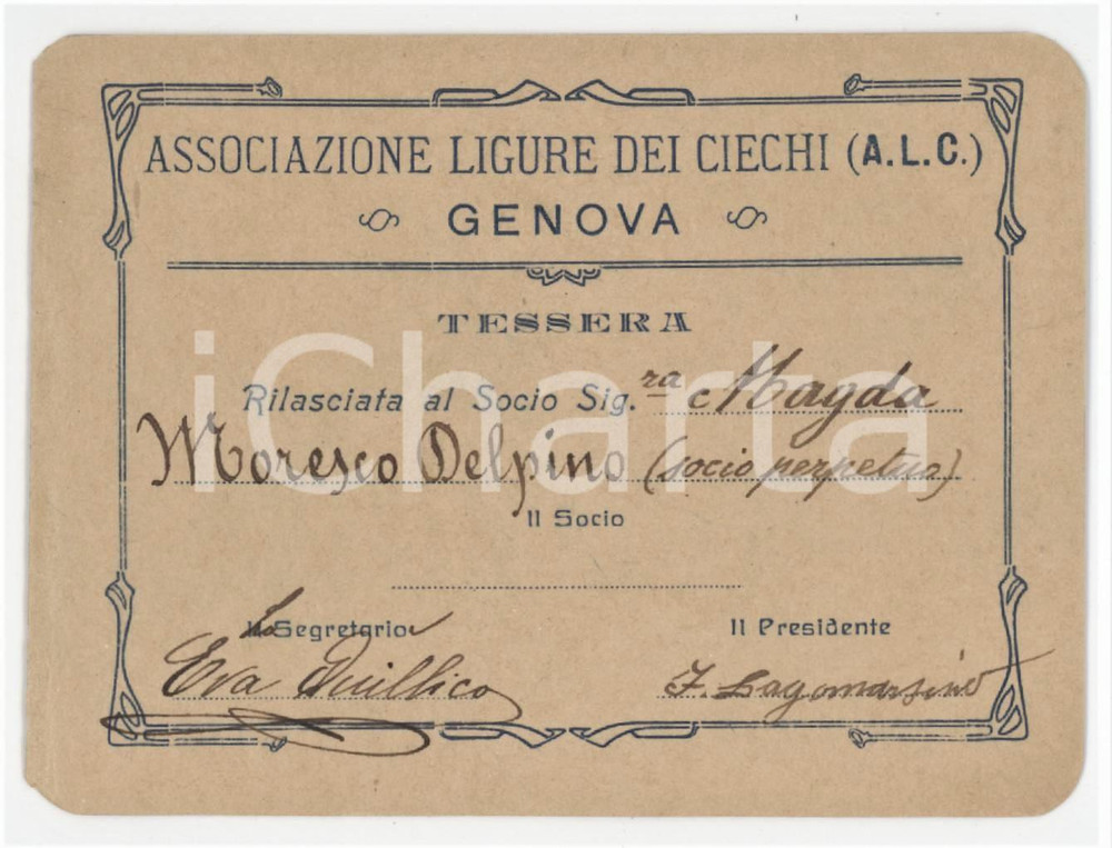 1900 ca GENOVA - ALC Associazione Ligure dei Ciechi - Tessera socio perpetuo (1) Tessera d'epoca.  FAIR/discreto Lievi smussature agli angoli Formato: 10x8 cm originale e autentica 1