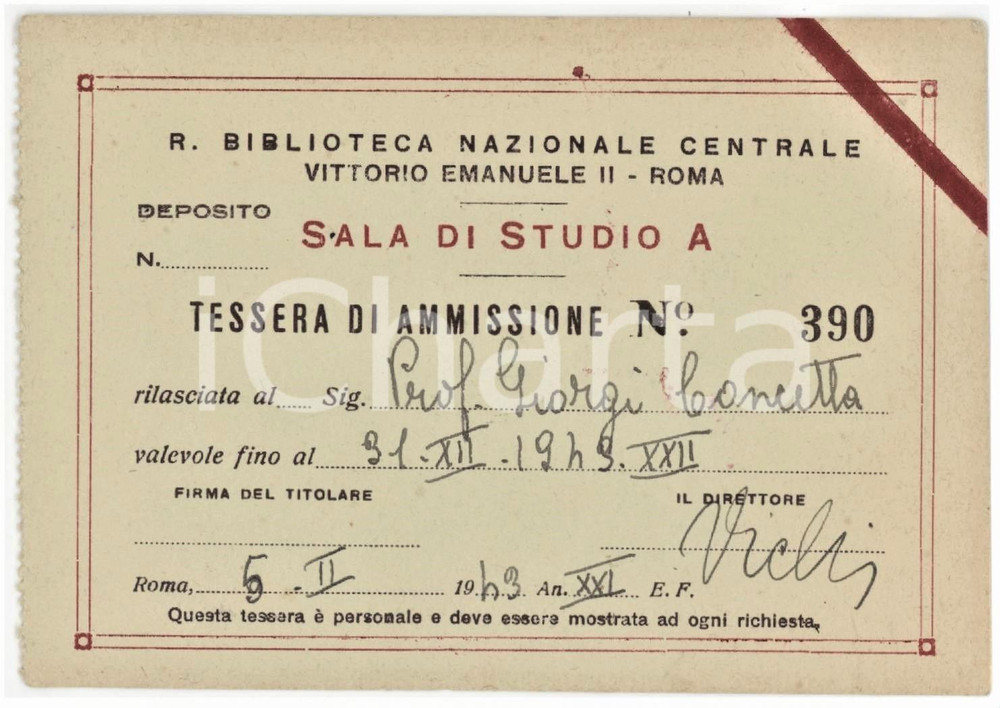 1943 ROMA Regia Biblioteca Vittorio Emanuele II - Tessera per Sala di Studio A Tessera d'epoca. FAIR/discreto Lievi smussature agli angoli Formato: 12x8 cm originale e autentica 1