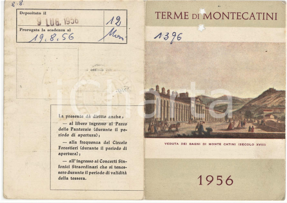1956 TERME DI MONTECATINI Tessera valida per 20 giorni - 7x10 cm Tessera d'epoca, obliterata. FAIR/discreto Piegature diffuse Formato: 7x10 cm originale e autentica 1