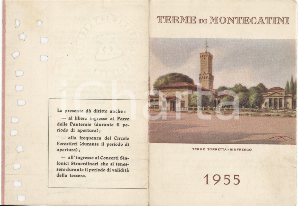 1955 TERME DI MONTECATINI Tessera di prima classe obliterata - 7x10 cm Tessera d'epoca, obliterata. FAIR/discreto Piegature Formato: 7x10 cm originale e autentica 1